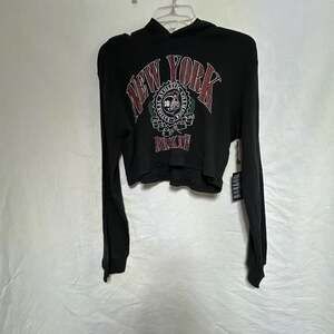 Forever 21 Grunge Goth New York Brooklyn Graphic Cropped Waffle Knit Hoodie NWT